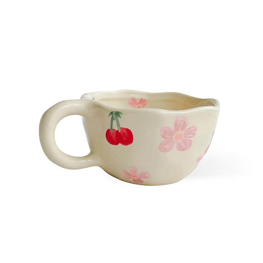 Floral Cherry Mug | Ceramic mug with pink flowers and cherries | 250ml
